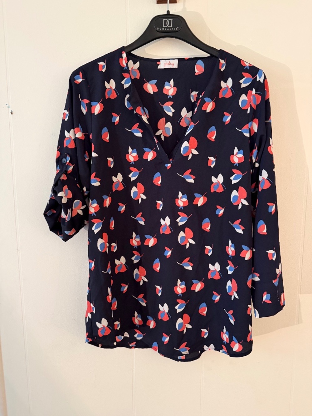 EUC Medium Pixley Navy V Neck 3/4 Sleeves Sheer Blouse with Floral Orange Detail
